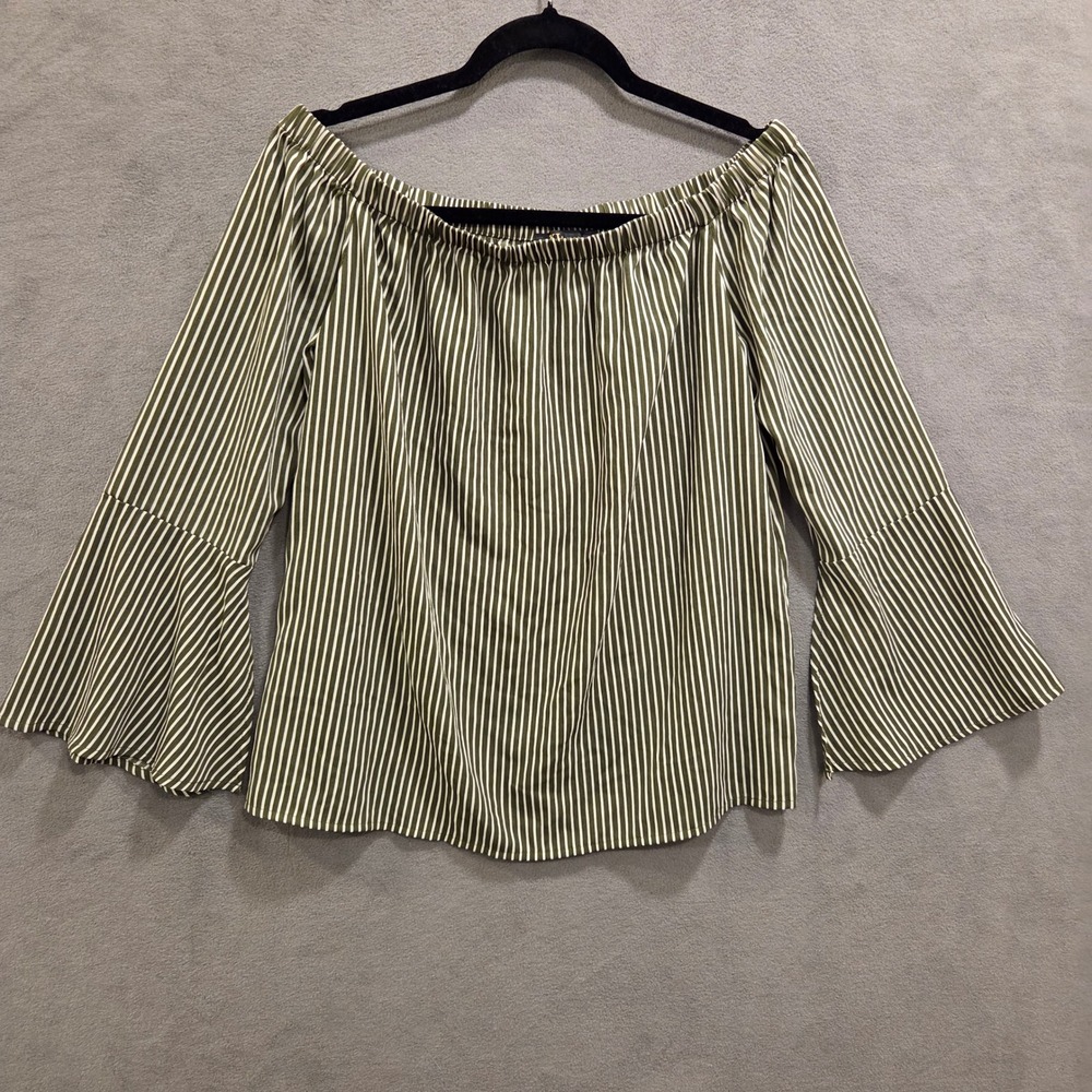 Boho Striped Off Shoulder‎ Bell Sleeve Blouse Womens Size Small Green Fesitval